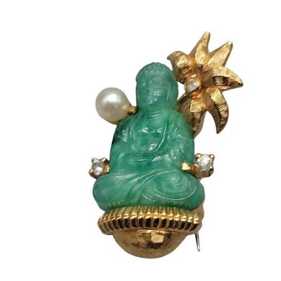 Jomaz Budda Brooch Peking Glass Faux Pearl Rhinestones Gold Tone Book Piece - Picture 1 of 16